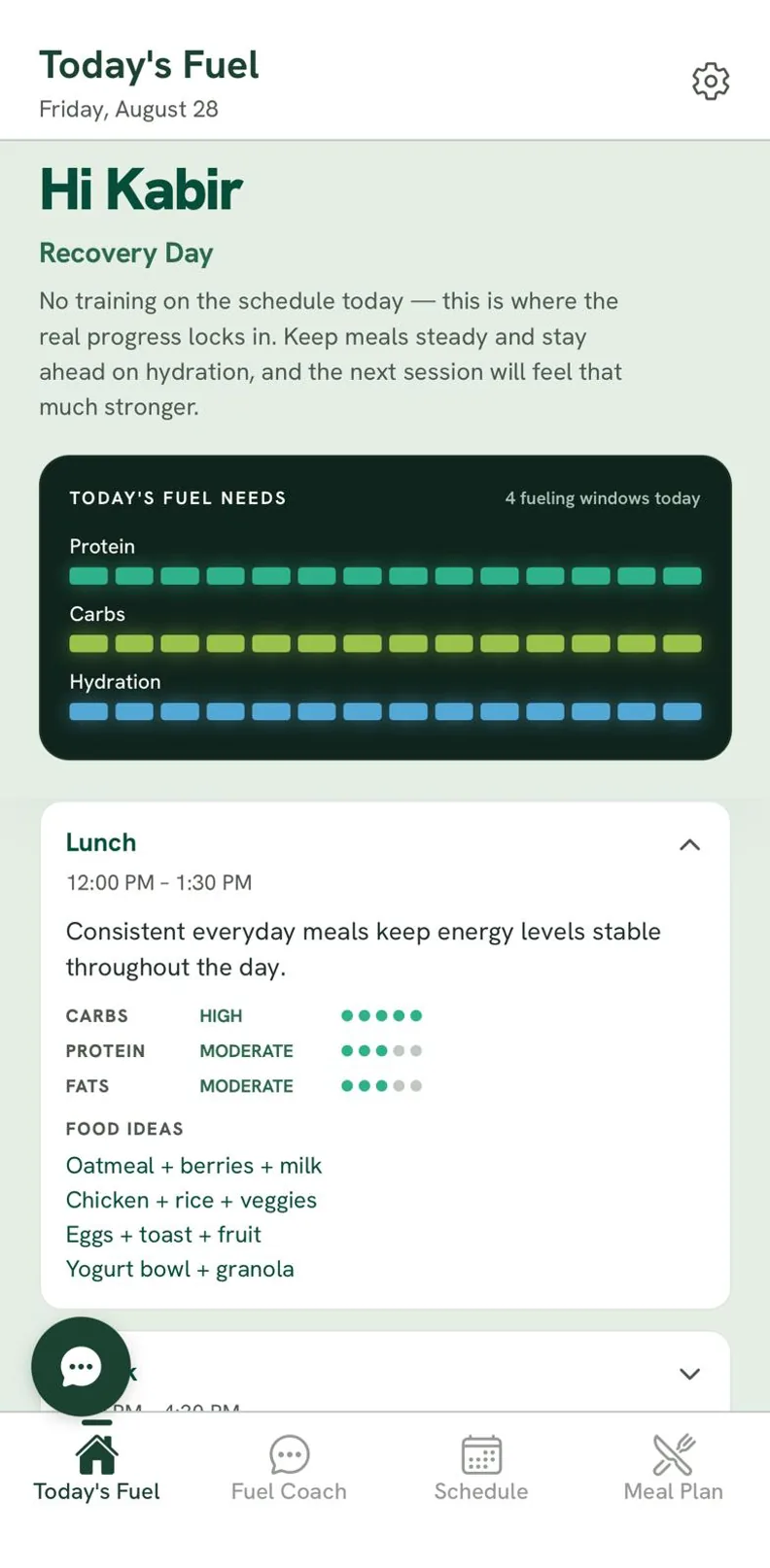 Today's Fuel on a recovery day: the day's protein, carb and hydration needs, then the lunch window with how much of each it calls for and four food ideas